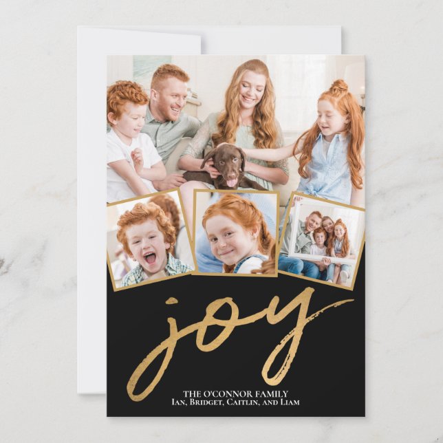Simple Joy 5 Photo Gold Script Black  Holiday Card (Front)