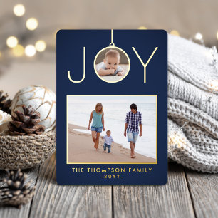 Simple Joy Christmas Ornament 2 Photo Navy & Gold Foil Holiday Card