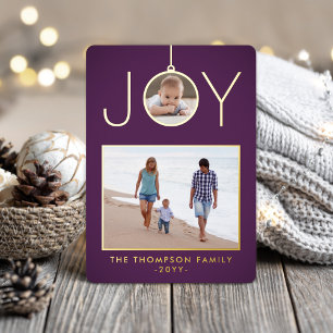 Simple Joy Christmas Ornament Purple 2 Photo Foil Holiday Card
