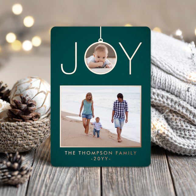 Simple Joy Christmas Ornament Teal Green 2 Photo Foil Holiday Card (Creator Uploaded)