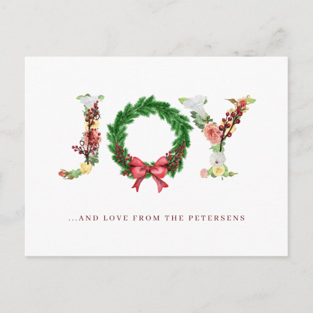 Simple joy Christmas wreath typography Holiday Postcard (Front)