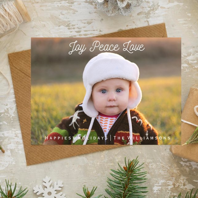 Simple Joy Peace Love Hand-lettered Holiday Photo Card (Creator Uploaded)