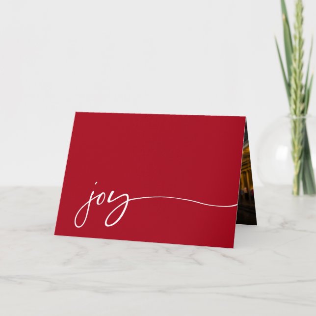 Simple Joy Photo Red and White Script Christmas Holiday Card (Front)