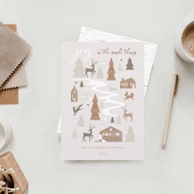 Simple Joy Woodland Animals & Cosy Village Photo Holiday Card (Creator Uploaded)