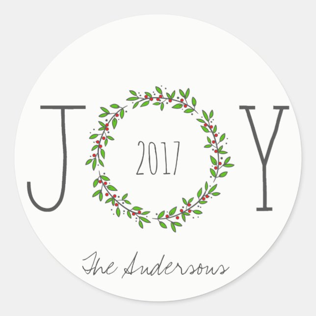 Simple Joy Wreath Christmas Holiday Classic Round Sticker (Front)