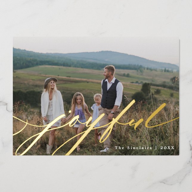Simple Joyful Script Overlay Photo Foil Holiday Card (Front)