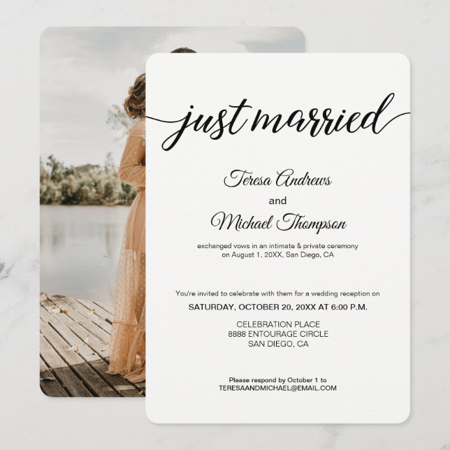 Simple Just Married Photo Wedding Reception Invitation (Front/Back)