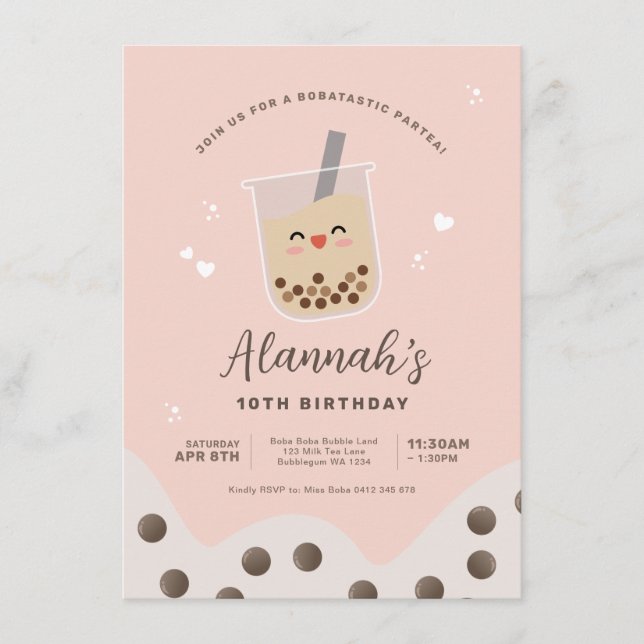 Simple Kawaii Boba Bubble Milk Tea Pink Birthday Invitation (Front)