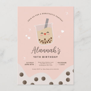 Simple Kawaii Boba Bubble Milk Tea Pink Birthday Invitation