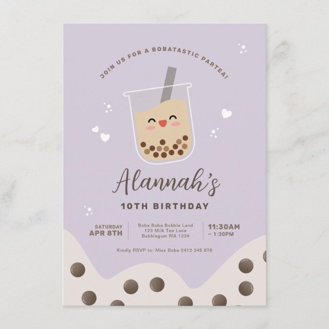 Simple Kawaii Boba Bubble Milk Tea Purple Birthday Invitation (Front)