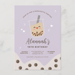 Simple Kawaii Boba Bubble Milk Tea Purple Birthday Invitation