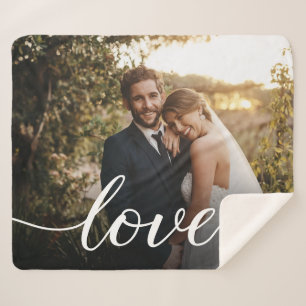 Simple Keepsake Love Script Custom Wedding Photo Sherpa Blanket