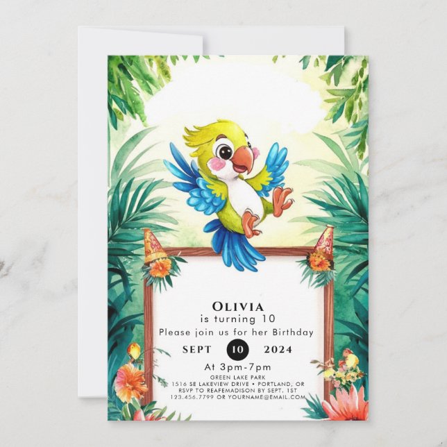  Simple Kids Parrot Birthday Invitation (Front)