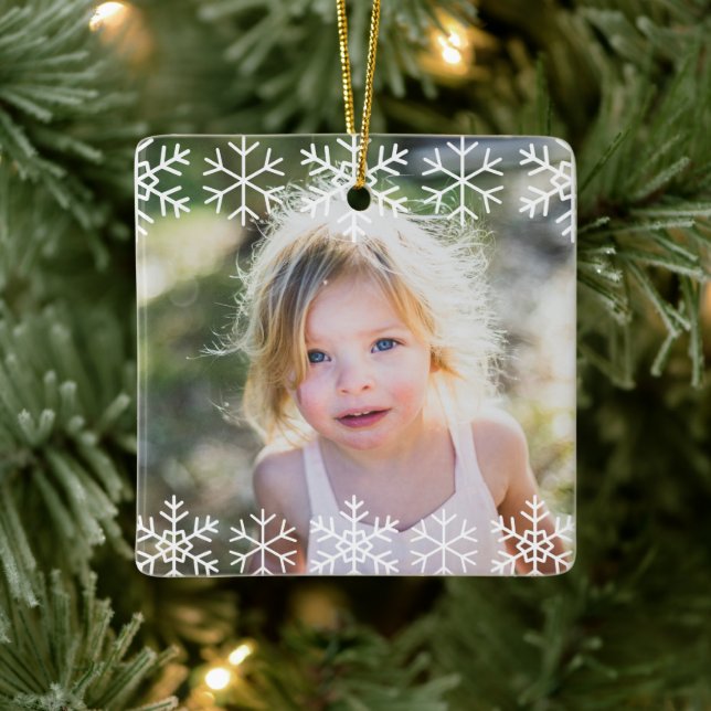 Simple Kids Photo Keepsake Snowflakes Ceramic Ornament (Tree)