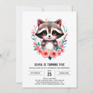 Simple Kids' Racoon Girl Birthday Invitation