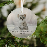 Simple Kitten 'My First Christmas' Photo Keepsake  Glass Tree Decoration<br><div class="desc">Create a pet's first christmas ornament with this simple modern template. Design features a photo of your puppy or kitten,  a white overlay banner with the text 'MY FIRST CHRISTMAS' and the pet's name.</div>