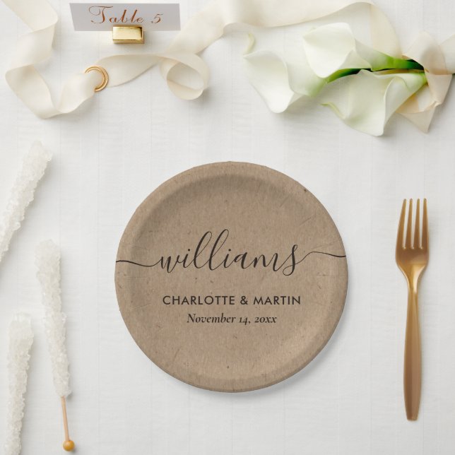 Simple Kraft Paper Elegant Modern Script Wedding Paper Plate (Wedding)