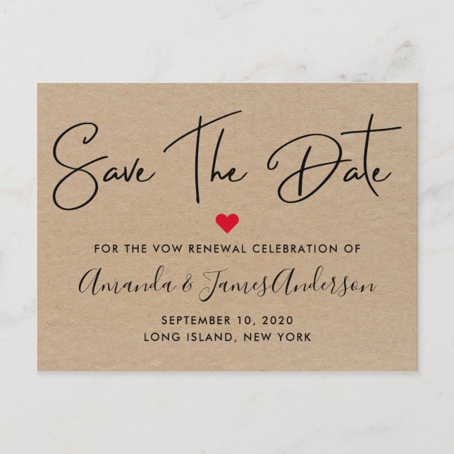 Simple Kraft Vow Renewal Save The Date Postcard (Front)