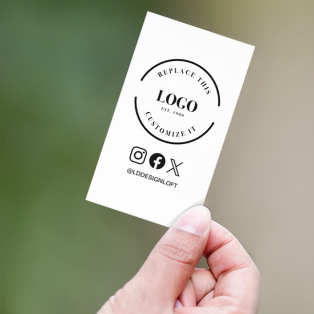 Simple Large Logo Website Social Icons Custom Business Card (Customizable black white large logo and social handle QR code website.)