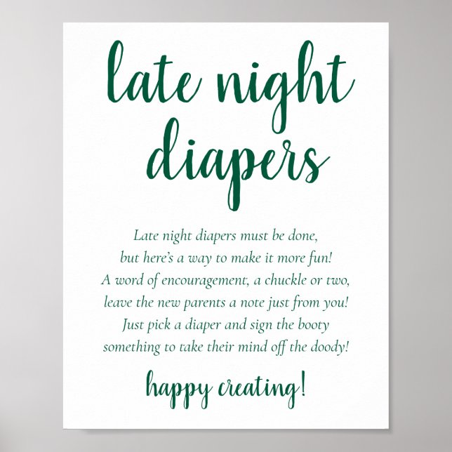 Simple Late Night Diapers | Neon Green Baby Shower Poster (Front)