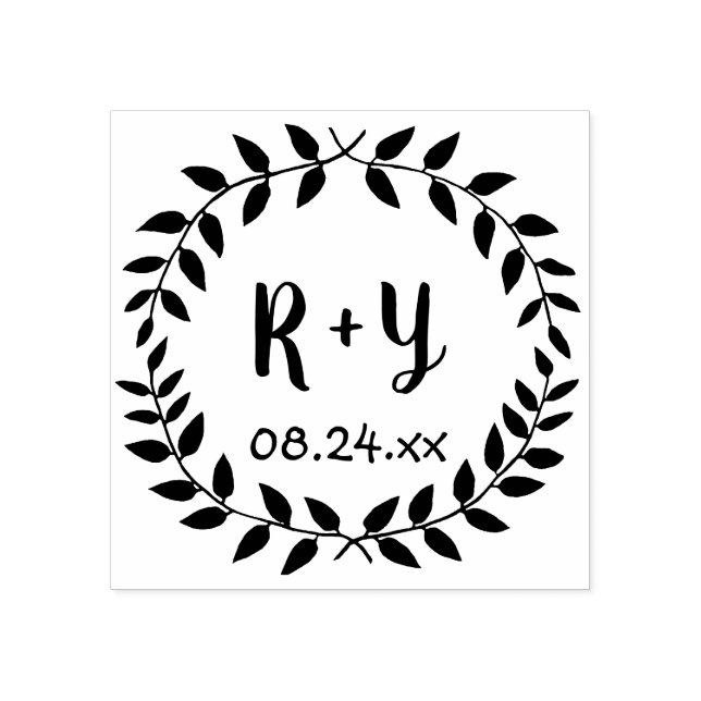 Simple Laurel Wreath Rustic Wedding Monogram Date Rubber Stamp (Imprint)