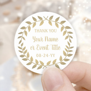 Simple Laurel Wreath White and Gold Thank You Classic Round Sticker