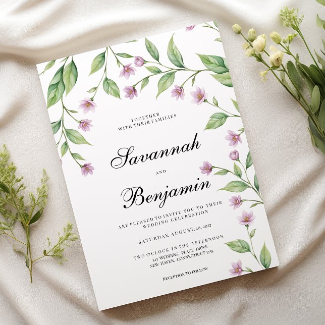 Simple lavender pink green floral wedding  invitation (Simple lavender pink green floral wedding)