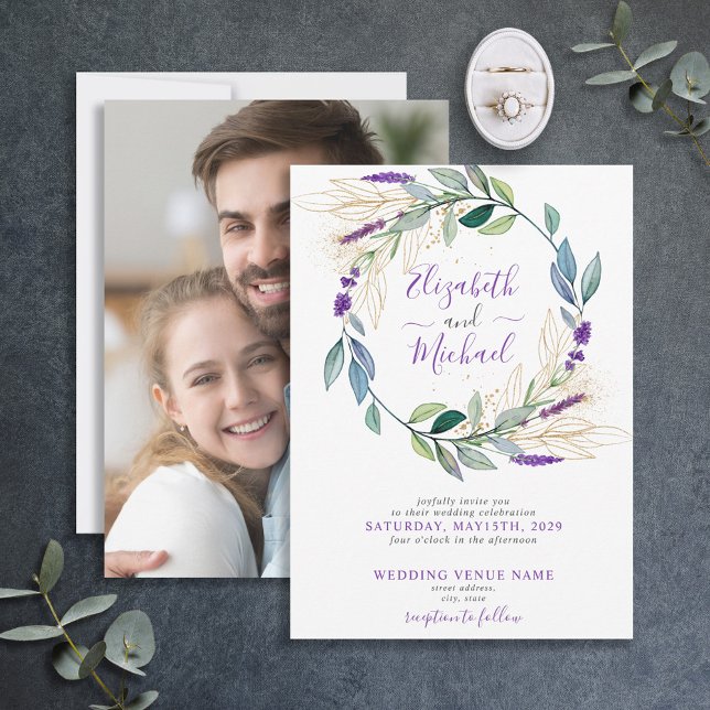 Simple Lavender Purple Floral Wreath Photo Wedding Invitation (Creator Uploaded)