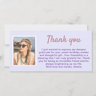 Simple Lavender Purple Photo Birthday  Thank You Card