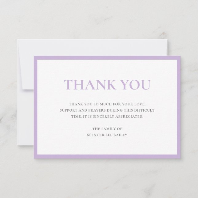 Simple Lavender Traditional Sympathy Funeral Thank You Card (Front)