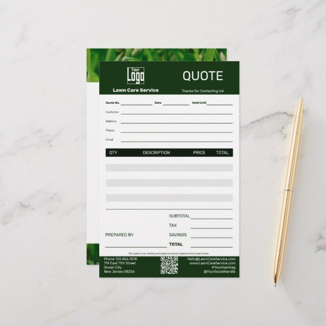Simple Lawn Care Service Business Quote Stationery (Front/Back In Situ)