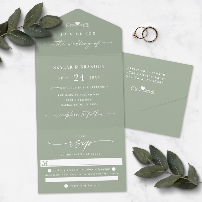 Simple Leaf Green Elegant Calligraphy Wedding All In One Invitation (Creator Uploaded)