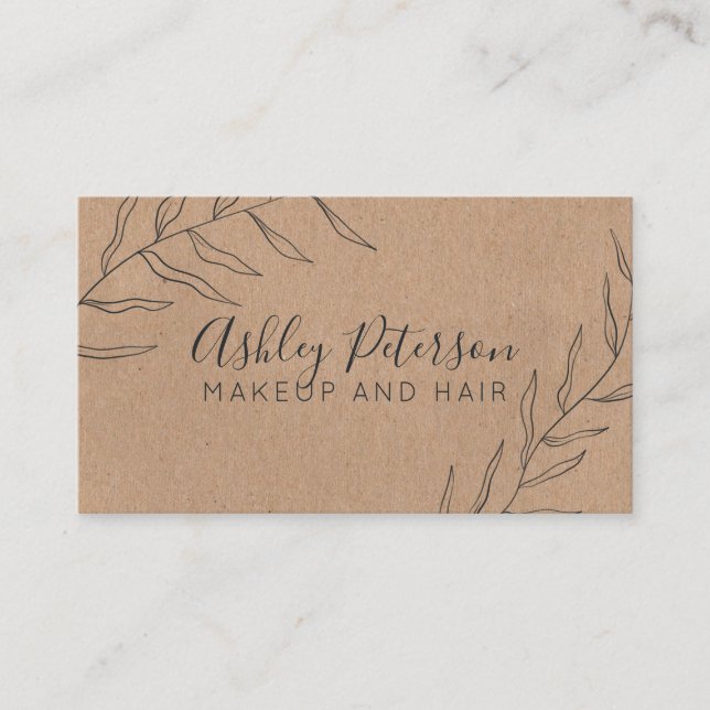 Simple leaf rustic kraft hair makeup typography business card (Front)