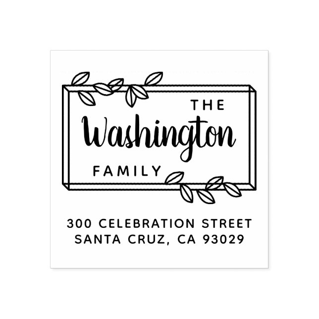 Simple Leaves Family Name Script & Return Address Rubber Stamp (Imprint)