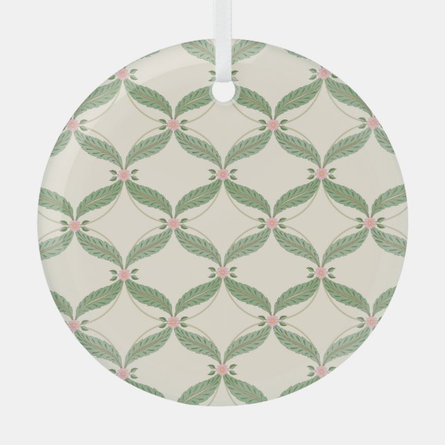 Simple Leaves Flowers Grid Pattern Glass Tree Decoration (Front)