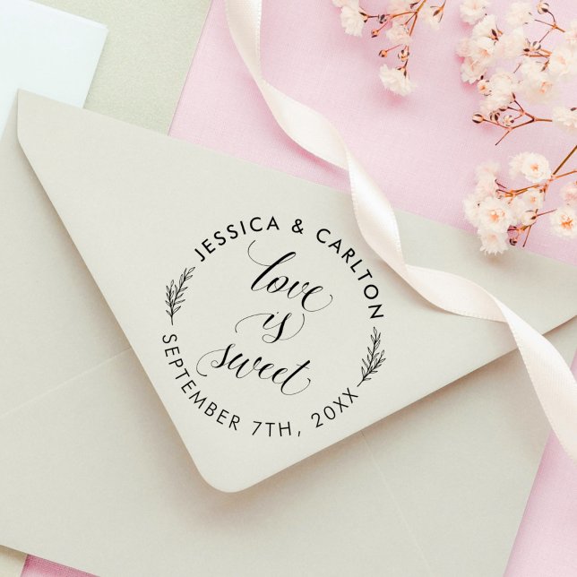 Simple Leaves Love Sweet Round Wedding Thank You Rubber Stamp (Creator Uploaded)
