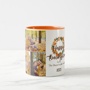 Simple leaves Thanksgiving family Photo Collage Two-Tone Coffee Mug