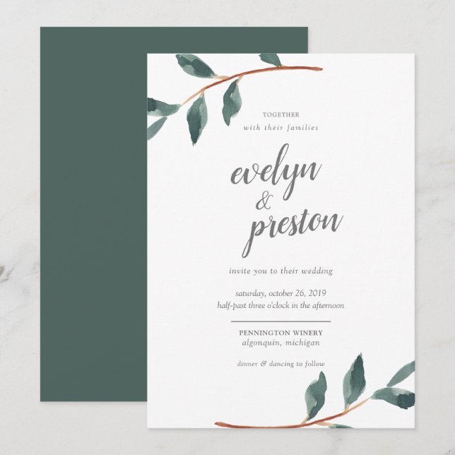 Simple Leaves Watercolor Wedding Invitation (Front/Back)