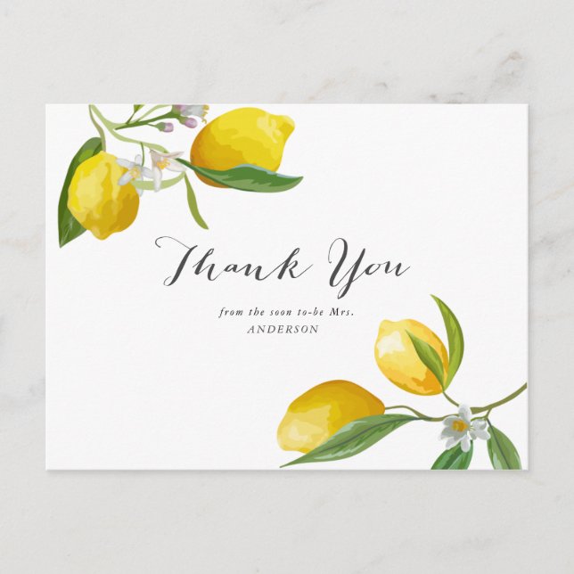 Simple Lemon Bridal Shower Thank You Postcard (Front)