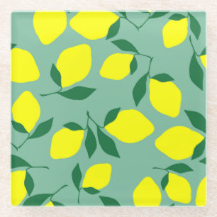 Simple Lemon, Green Background Print. Glass Coaster
