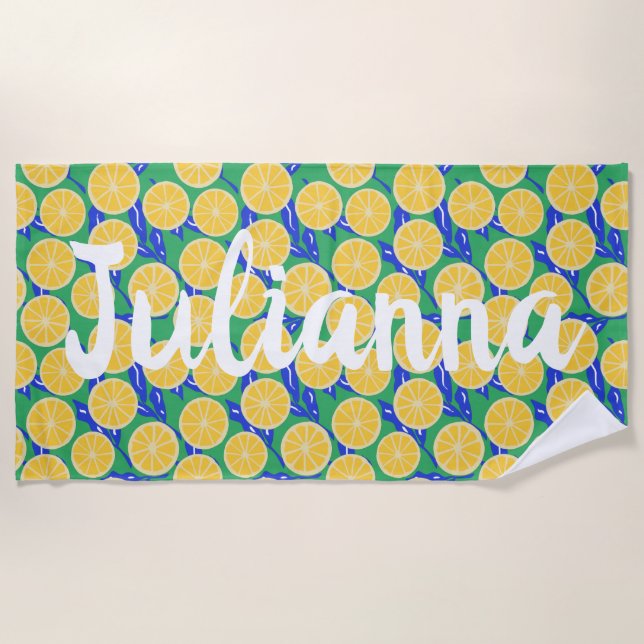 Simple Lemon Slices Pattern Botanical Personalised Beach Towel (Front)