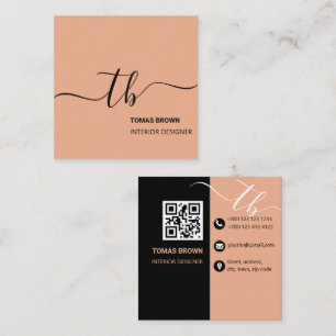 Simple Letter Initial Monogram   Peach and black  Square Business Card