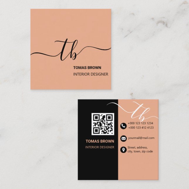 Simple Letter Initial Monogram | Peach and black  Square Business Card (Front/Back)