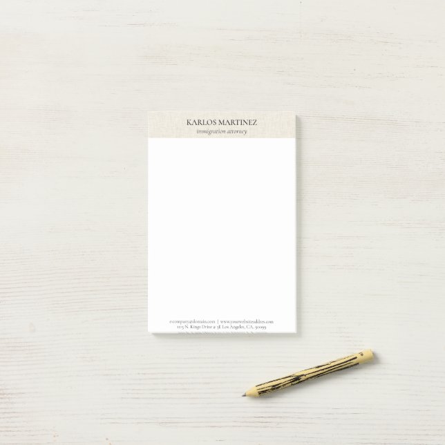 Simple Light Beige Linen Black Typography Post-it Notes (On Desk)