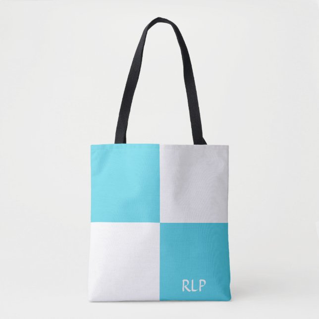 Simple Light Blue and White Squares Monogram Tote Bag (Front)