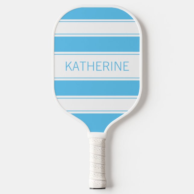 Simple Light Blue and White Striped Custom Name Pickleball Paddle (Front)
