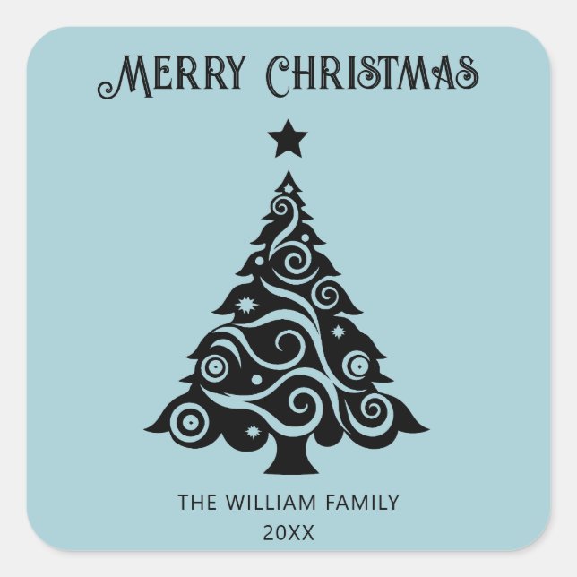 Simple Light Blue Merry Christmas Tree Gift Square Sticker (Front)