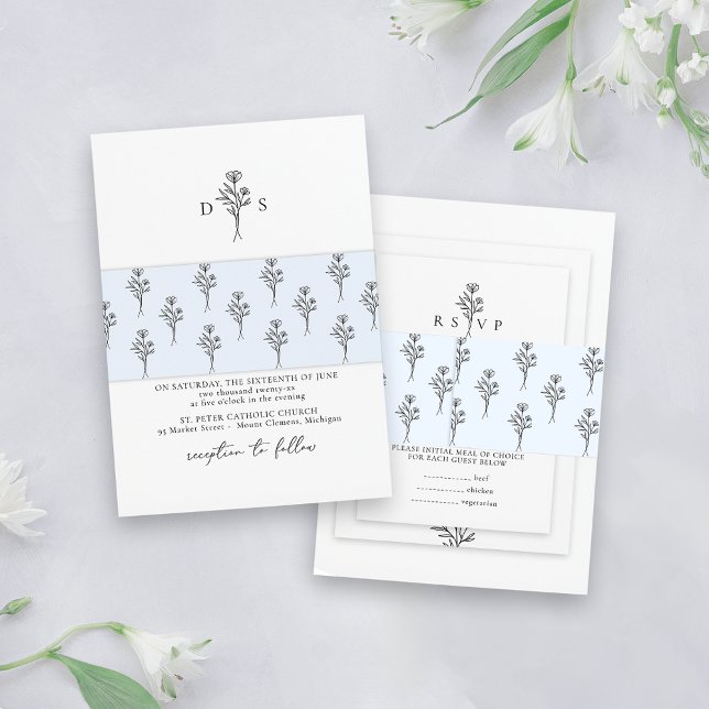 Simple Light Blue Minimal Floral Pattern Wedding Invitation Belly Band (Creator Uploaded)
