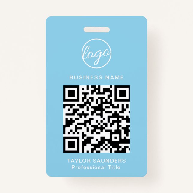 Simple Light Blue QR Code Employee ID ID Badge (Front)