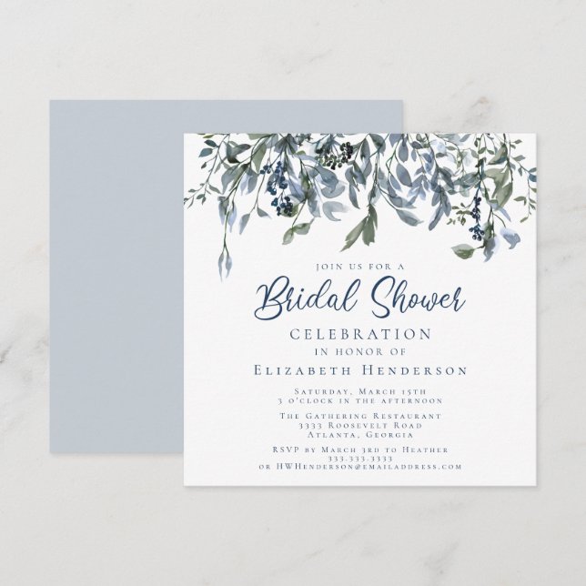 Simple Light Blue Watercolor Floral Bridal Shower Invitation (Front/Back)